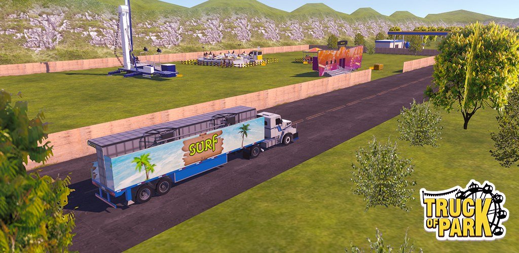 Cena do jogo: uma carreta com pintura de surf e palmeiras percorre a estrada ao lado do terreno onde as atrações do parque são montadas.
